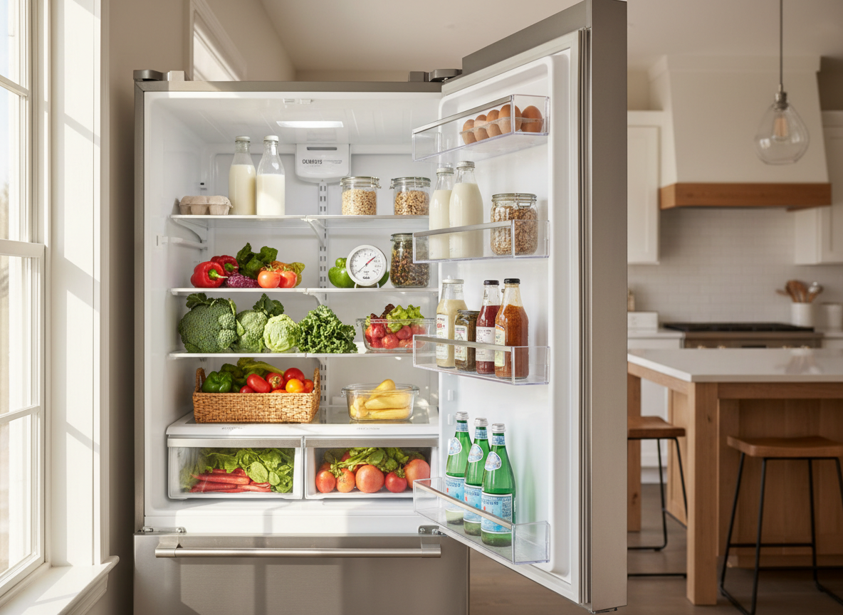 Open refrigerator neatly stocked with fresh food and a small thermometer on a shelf