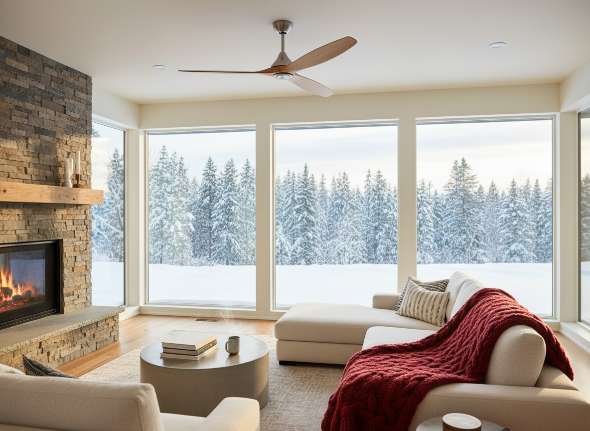 Ceiling fan above a cozy living room in winter with snow outside the windows
