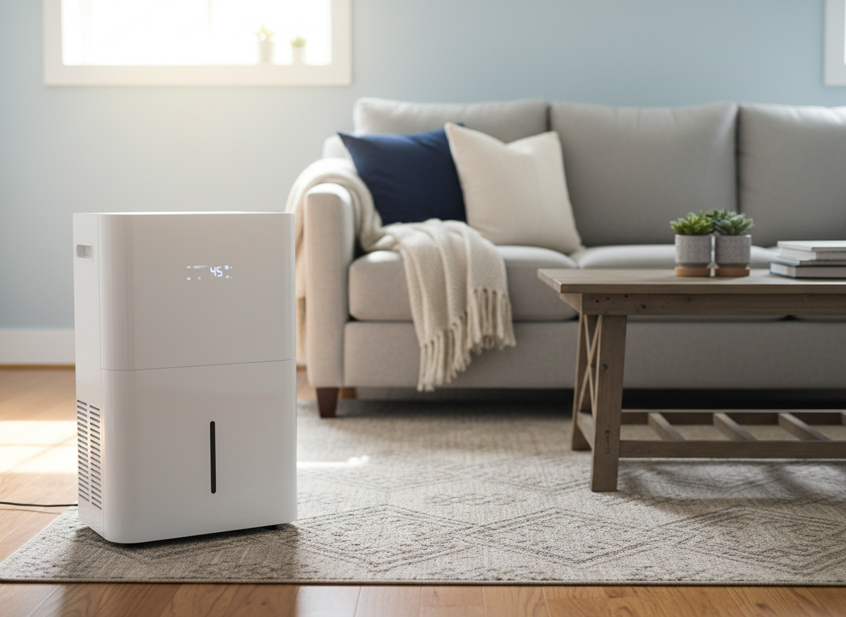 White portable dehumidifier running in a bright finished basement