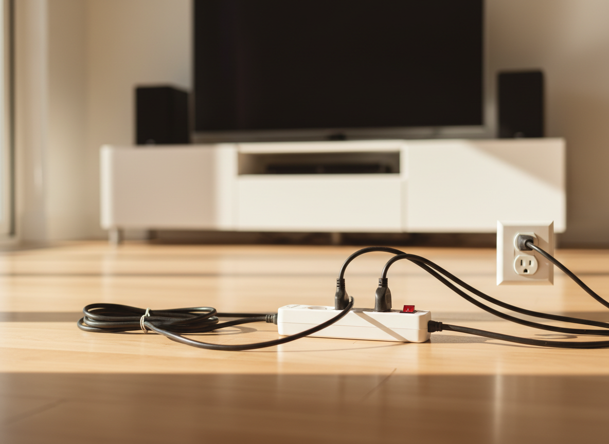 Power strip and an unplugged appliance cord beside a wall outlet behind a TV console