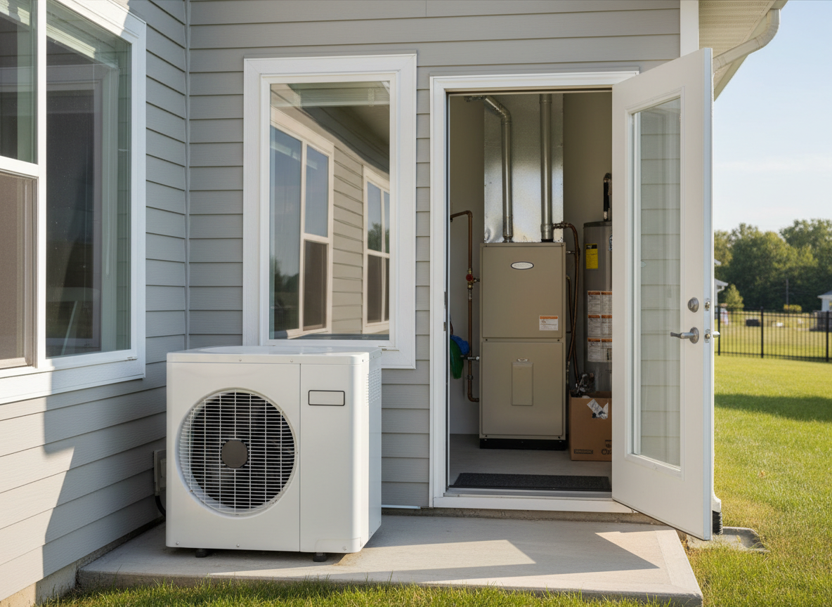 Heat pump outdoor unit beside a modern home