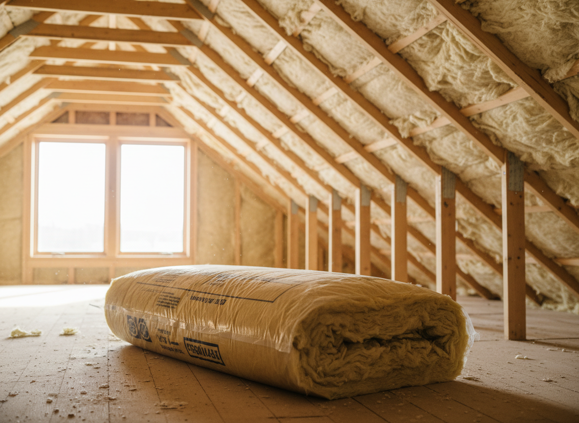 Attic with thick insulation between wooden joists