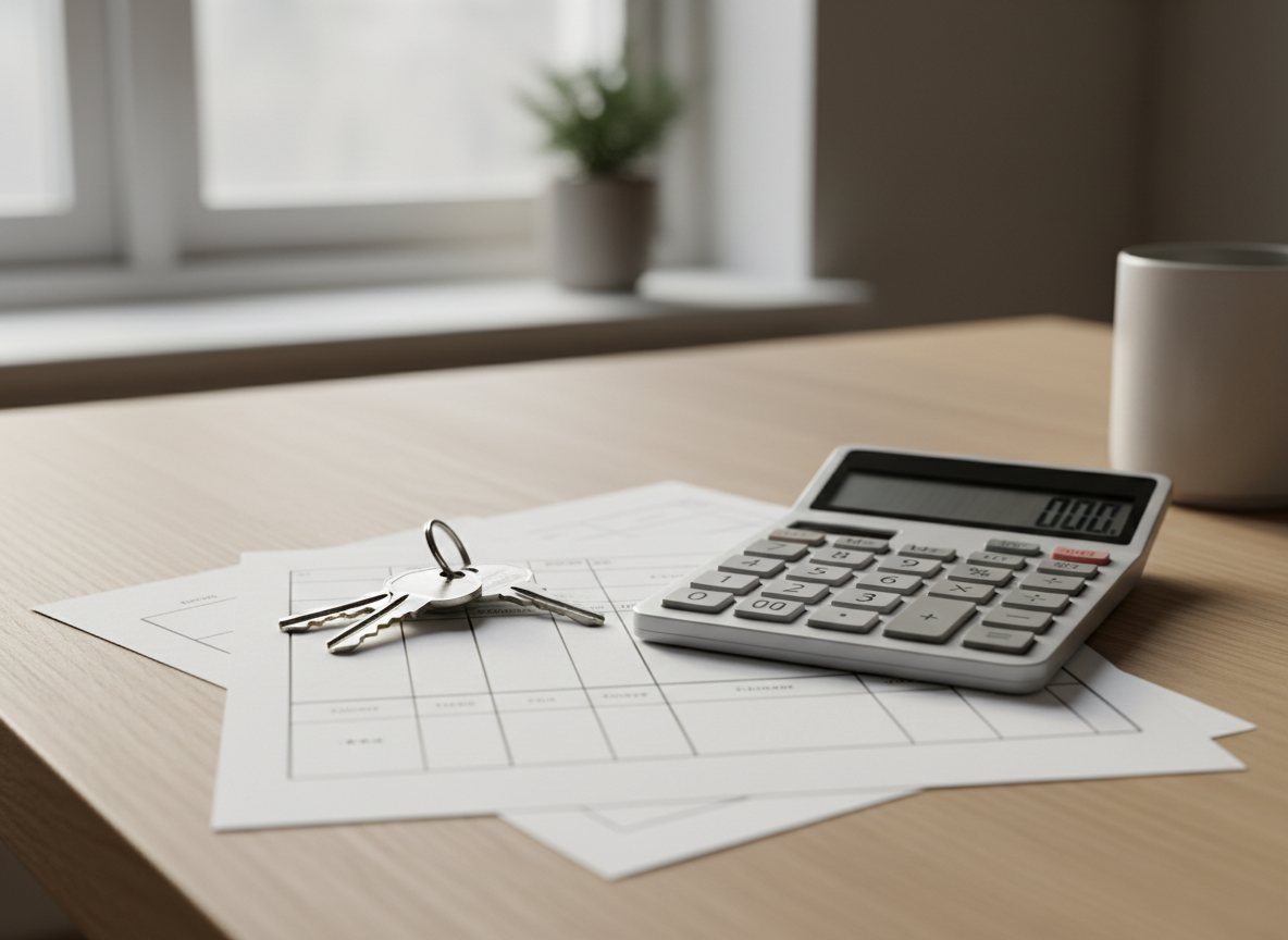 House keys next to a calculator and paperwork on a wooden kitchen table