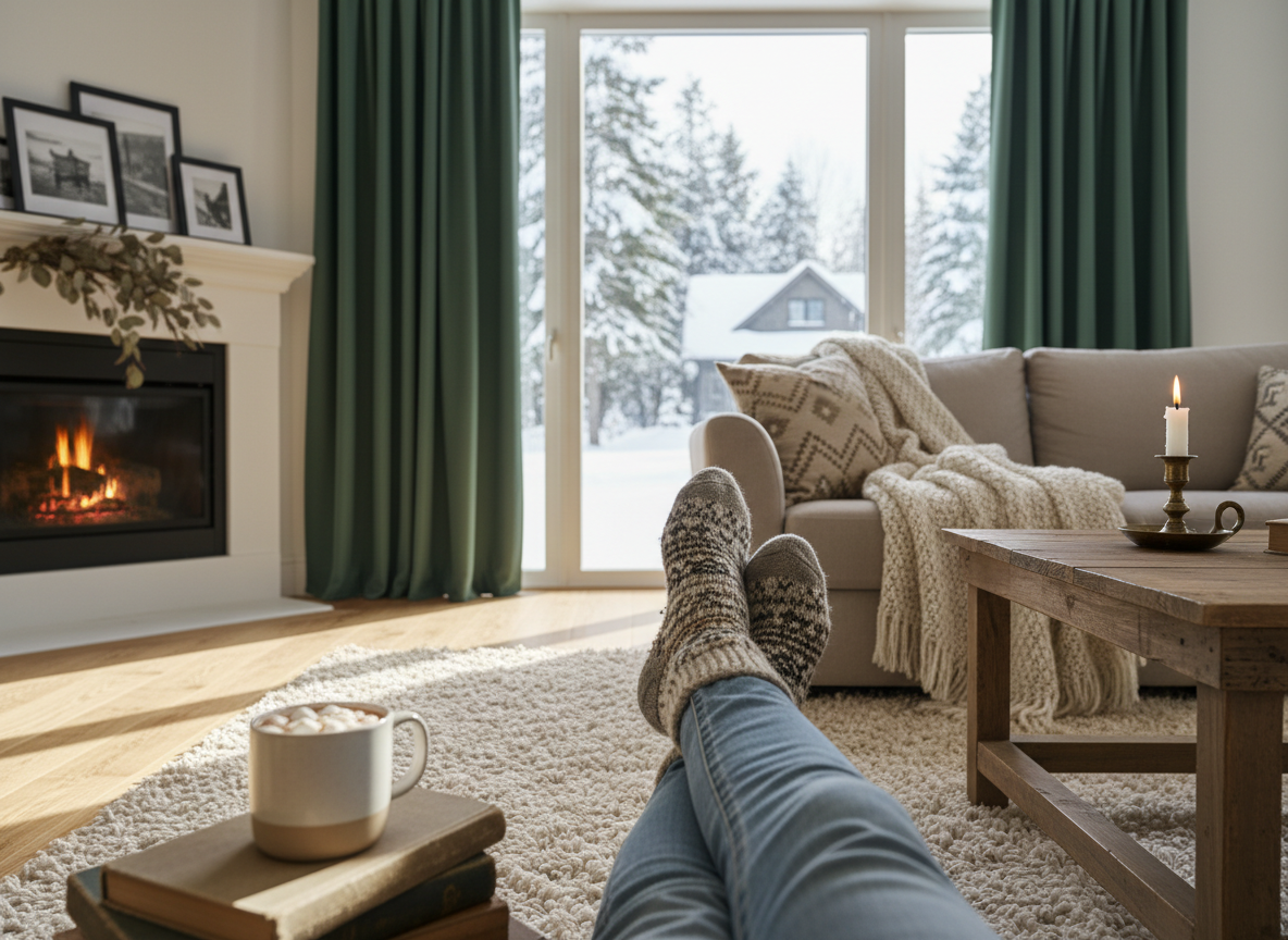 Cozy winter living room with blanket, thermal curtains and snow outside