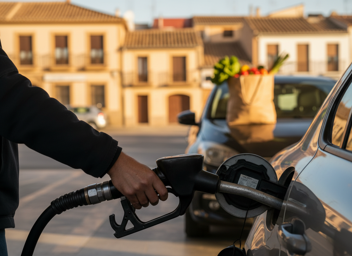 Fuel pump nozzle at a petrol station in Spain, with a bag of groceries on a car roof
