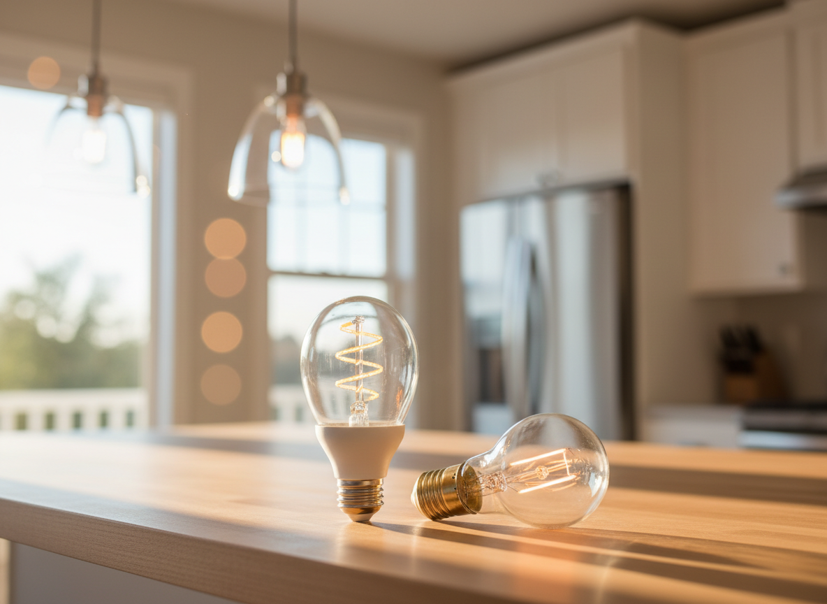 LED light bulb next to an incandescent bulb on a kitchen counter