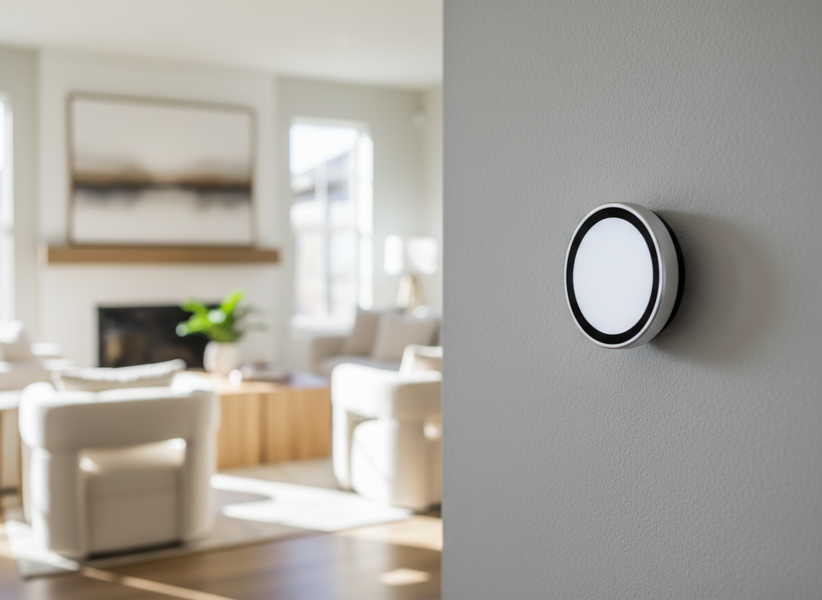 Smart thermostat mounted on a wall in a bright modern home