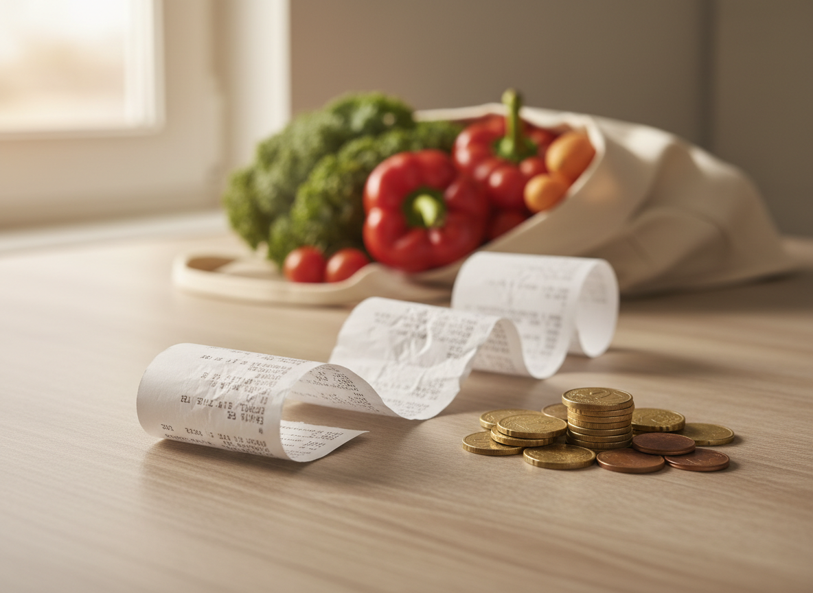 A long supermarket receipt and a small pile of euro coins on a wooden kitchen table, with a shopping bag of vegetables in the background