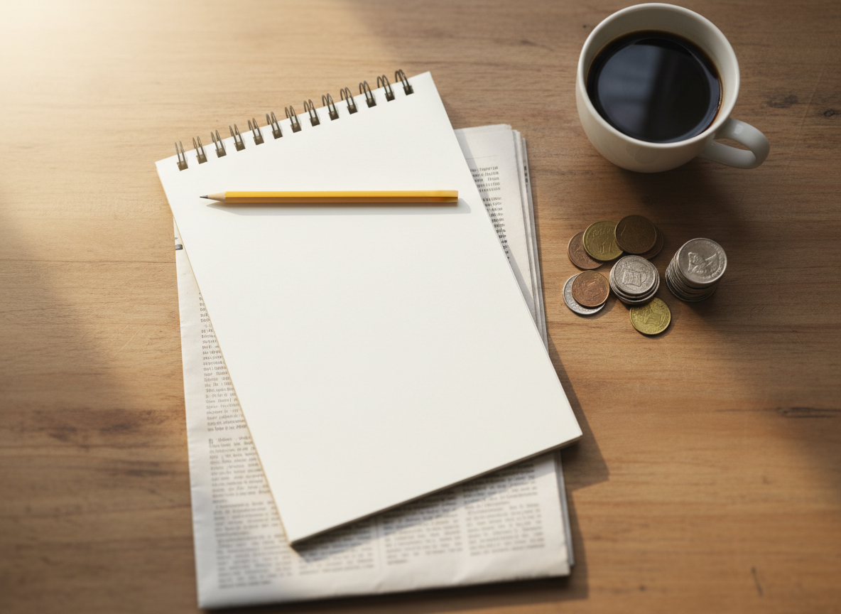 Notepad, pencil, coins, folded newspaper and a cup of coffee on a wooden desk