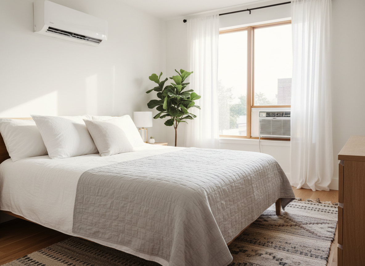 Wall-mounted mini-split air conditioner and a window AC unit in a bright bedroom