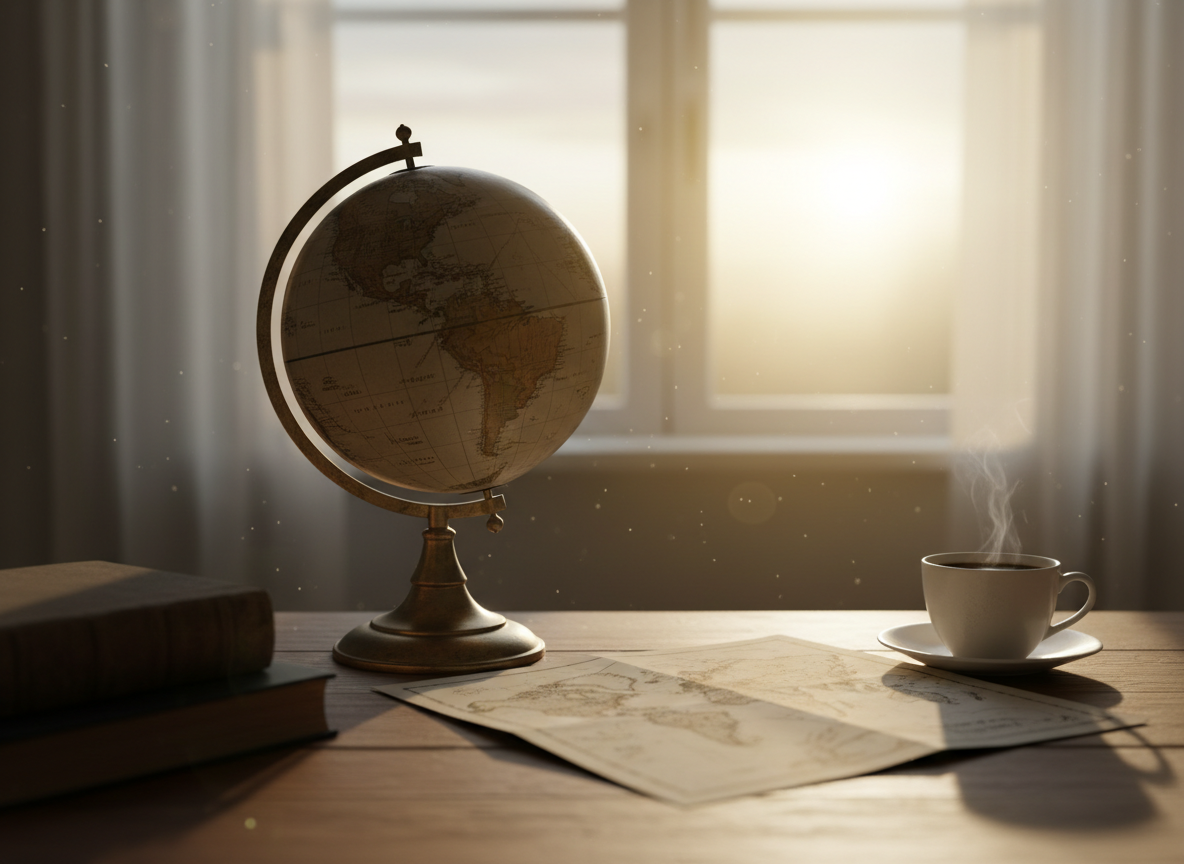 A desk globe on a wooden desk lit by soft dawn light, with a folded world map beside it