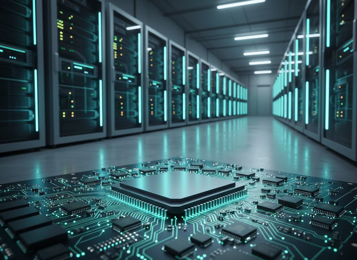 Close-up of a graphics processor chip on a circuit board in front of glowing server racks in a data center