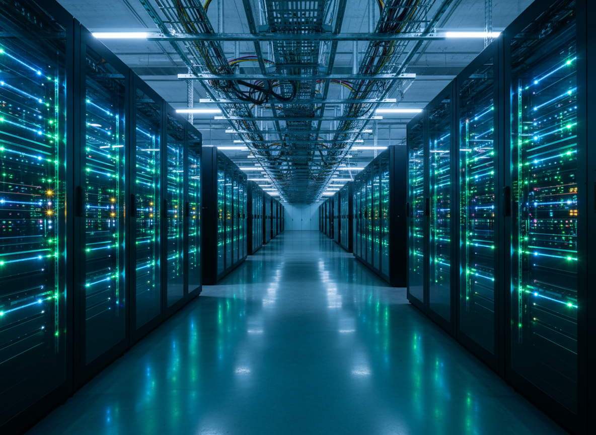 Rows of server racks with glowing indicator lights inside a large data center