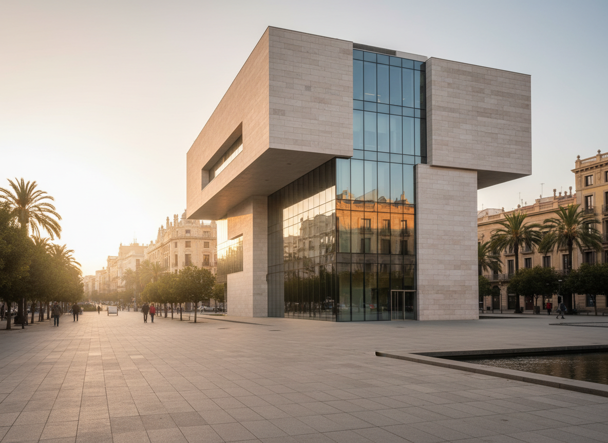 Modern bank office building in a Spanish city in soft morning light
