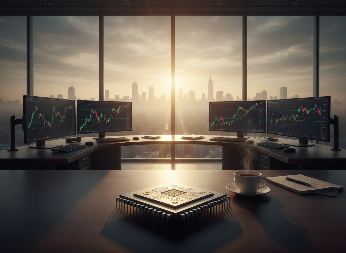 Empty trading desk at dawn with market chart screens, a microchip and a cup of coffee