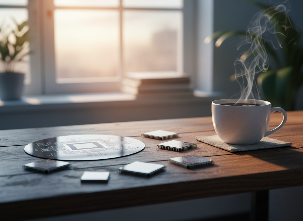 Computer chips and a silicon wafer beside a morning coffee in soft sunrise light