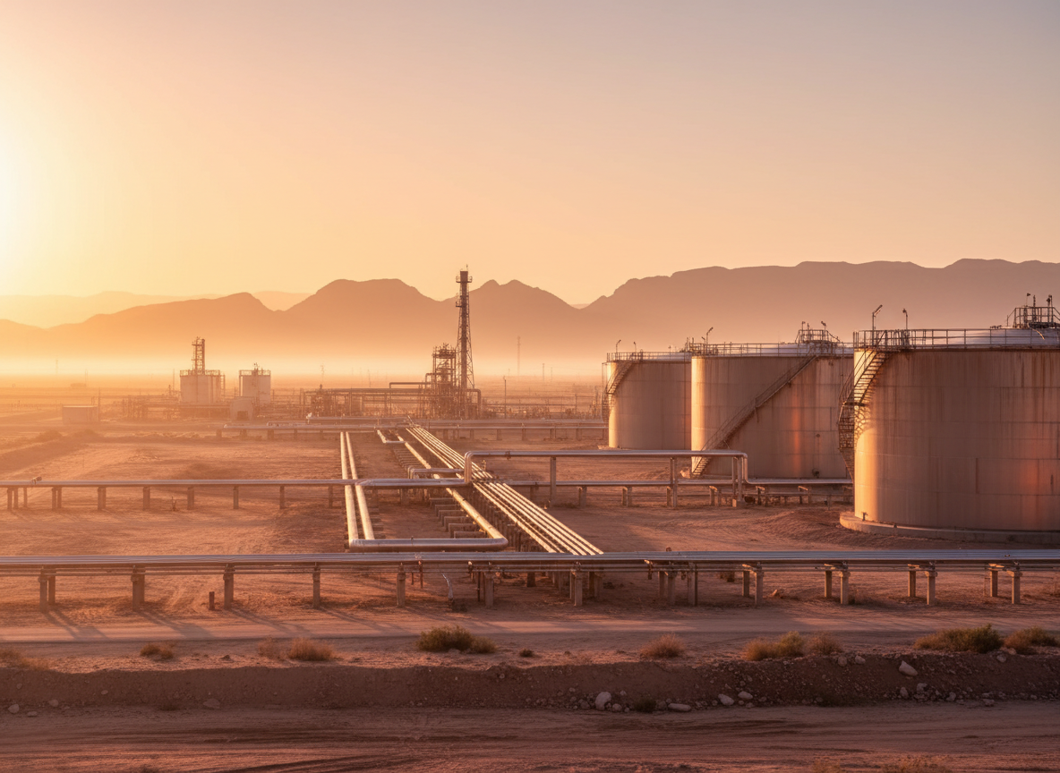 Oil processing facility with pipelines and storage tanks in the desert at sunrise