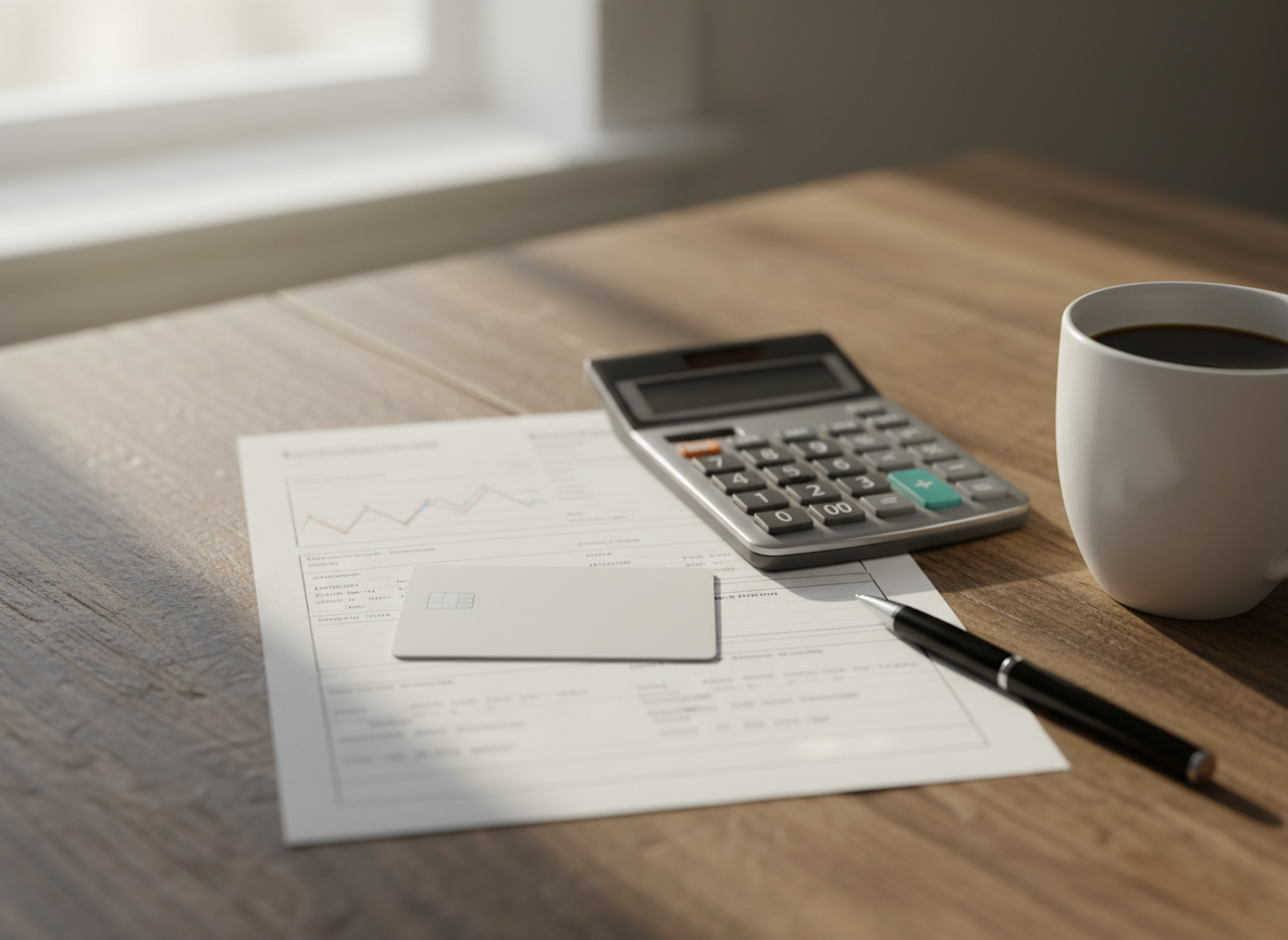A plain credit card resting on a paper statement beside a calculator and pen on a kitchen table