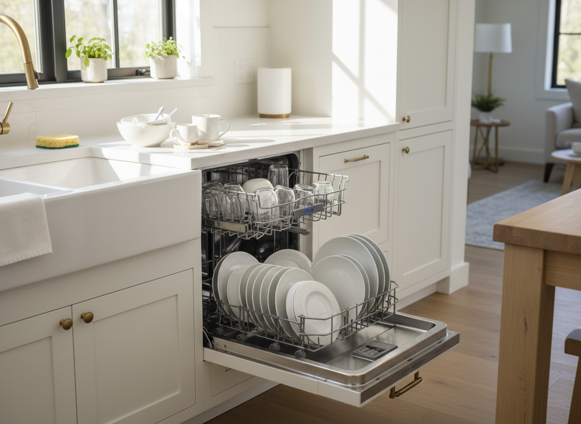 Open dishwasher loaded with clean plates next to a kitchen sink with dishes