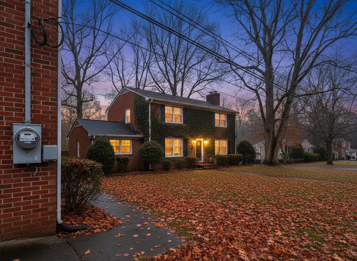 Electric meter on the wall of a brick house at dusk in autumn, with lights on inside and power lines overhead