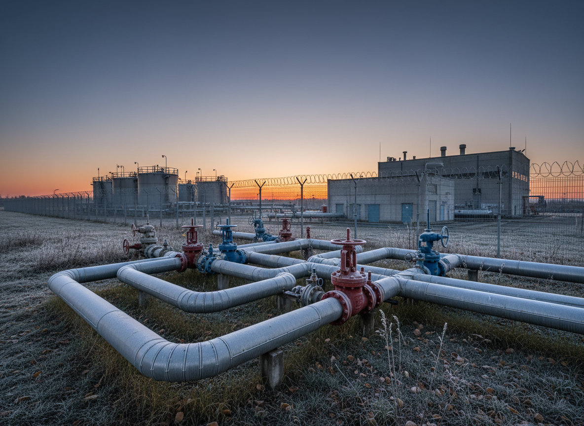 Pipelines and valves at a natural gas storage facility in Europe on a cold autumn evening