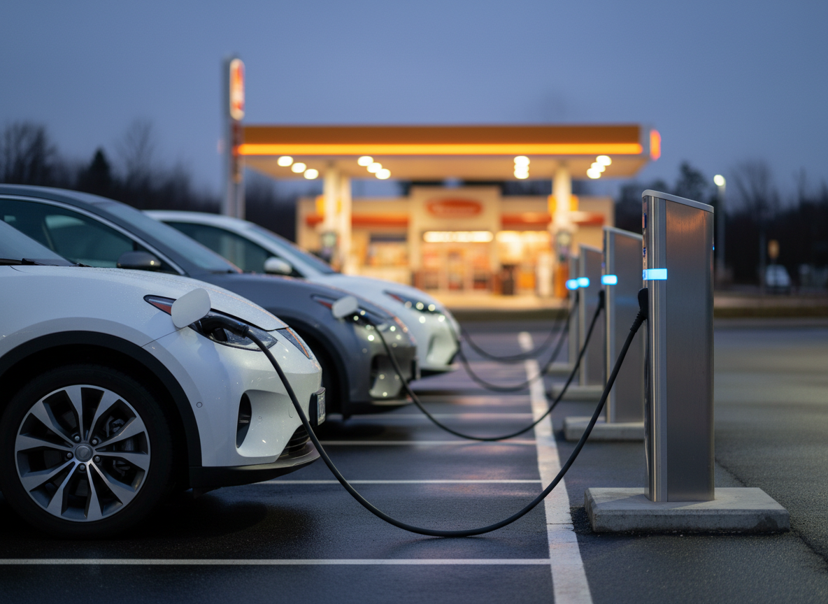 Unbranded electric cars plugged in at a charging station at dusk, with a gas station blurred in the background