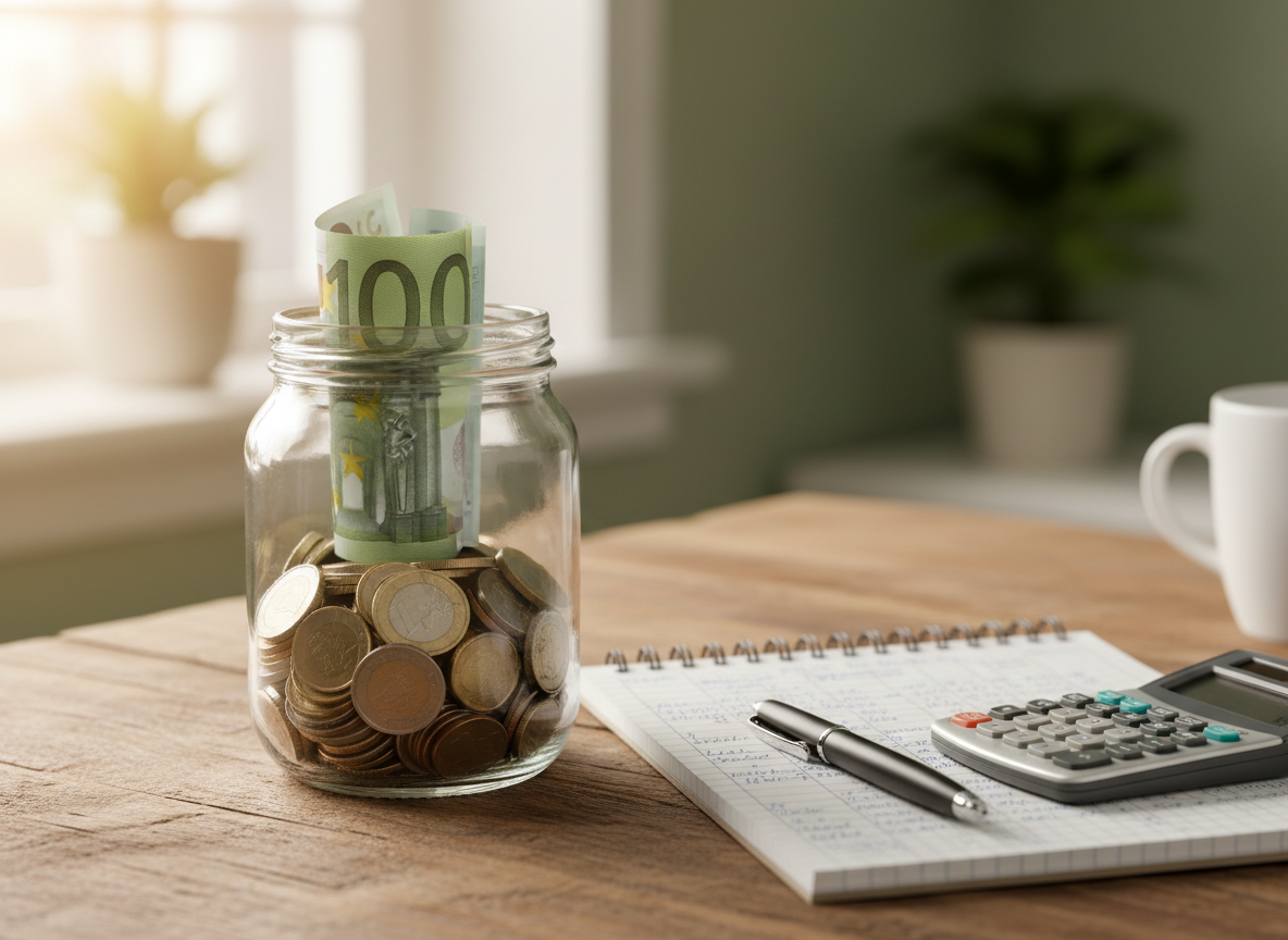 A glass savings jar with coins beside a notebook, pen and calculator on a kitchen table