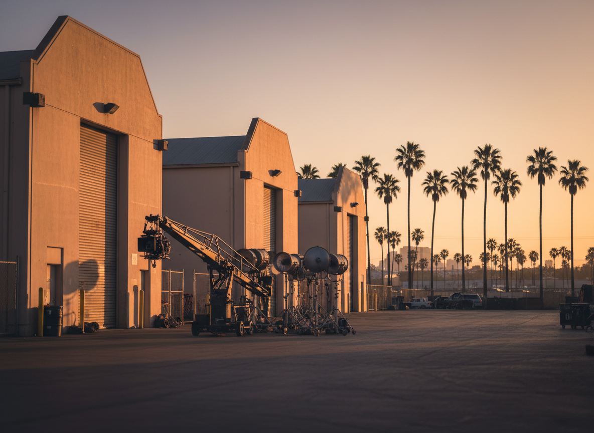 Empty film studio backlot with soundstages, lighting rigs and palm trees at golden hour