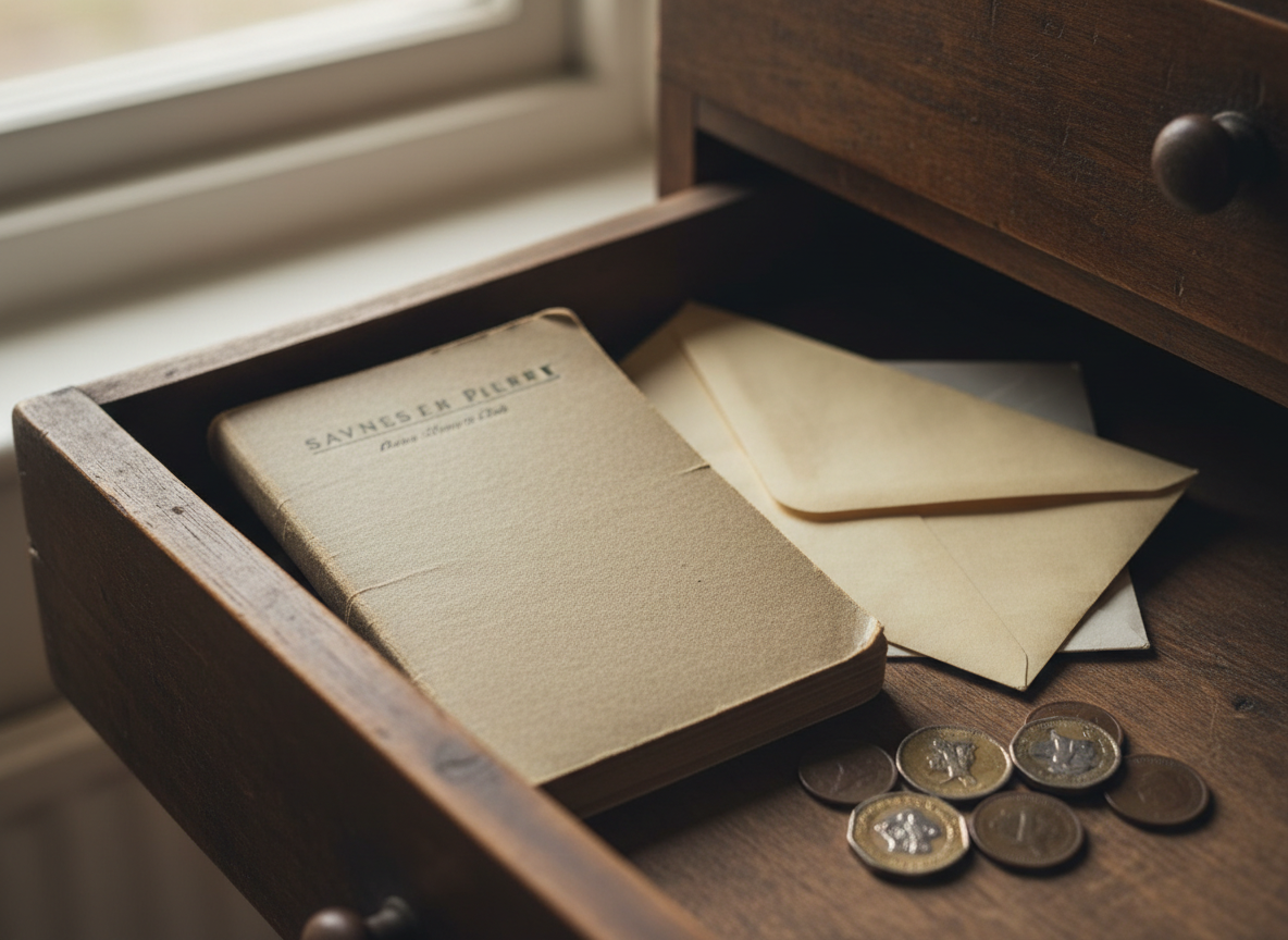 An old savings passbook and envelopes in an open wooden drawer beside a few pound coins
