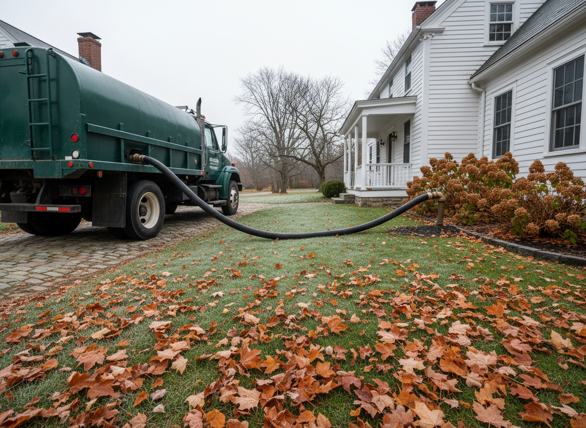 Heating oil delivery hose connected to the fill pipe of a white clapboard house on a frosty autumn morning