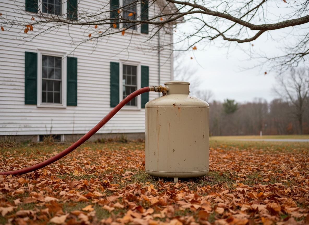 Heating oil tank beside a New England house in autumn with a delivery hose attached to the fill pipe