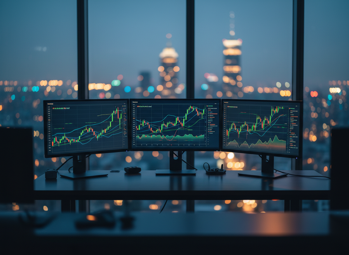 Trading desk monitors showing abstract market charts at dusk with city lights in the background