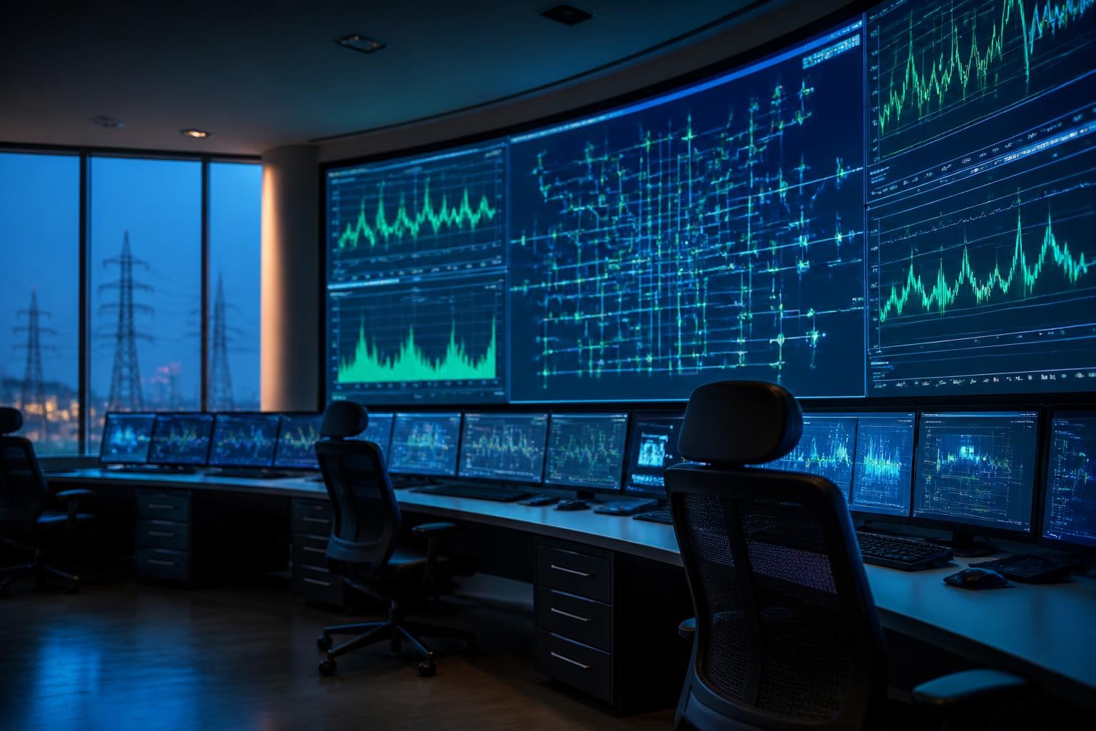 Control room monitors showing abstract market and power-grid charts at evening