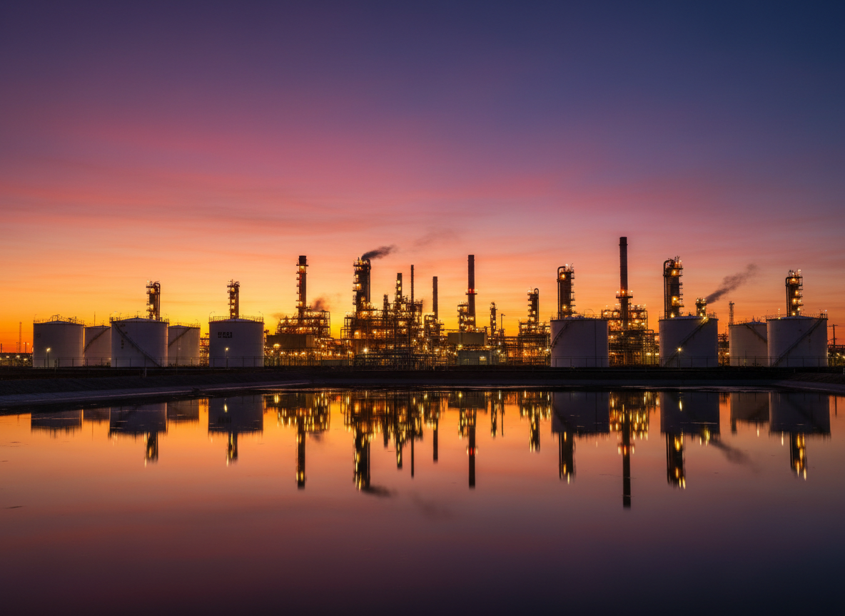Oil refinery and storage tanks lit up at dusk