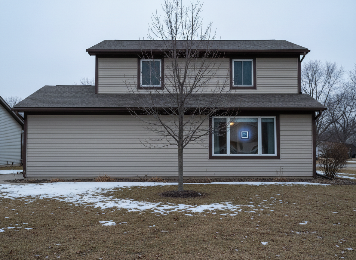 Suburban house in early winter with patches of melting snow on the lawn under a mild grey sky