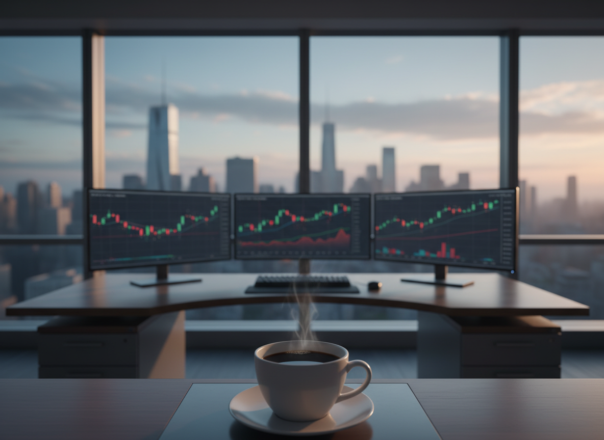 Empty trading desk at dawn with monitors showing market charts and a cup of coffee