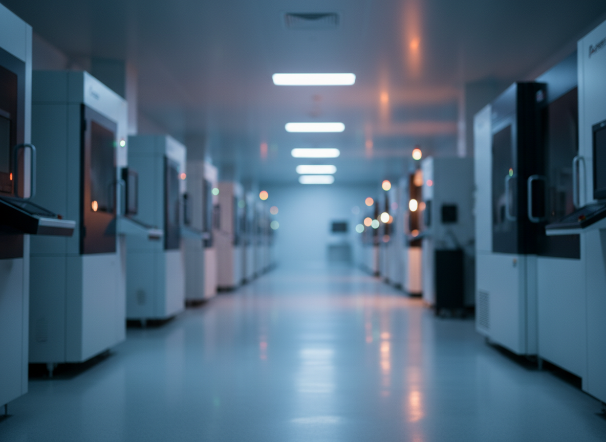 A quiet semiconductor cleanroom lit in soft blue and amber light at dawn