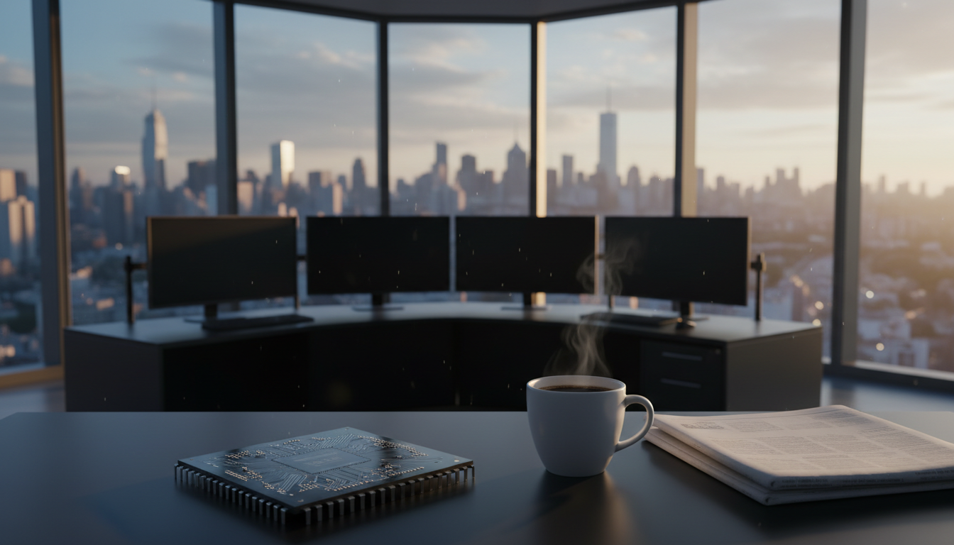 A computer chip beside a cup of coffee and a folded newspaper on an empty trading desk at dawn