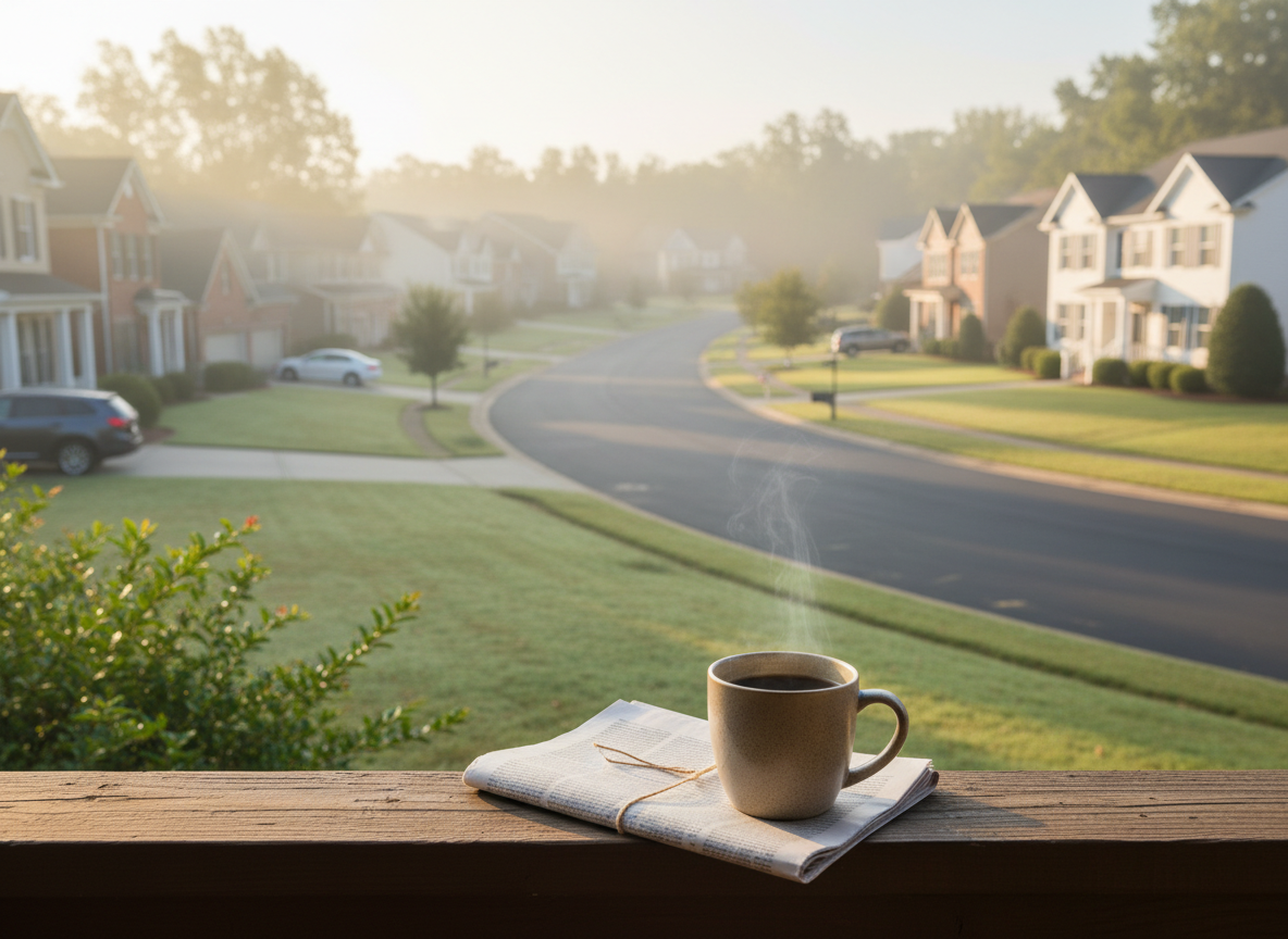 Coffee and a folded newspaper on a porch railing overlooking a quiet suburban street at sunrise