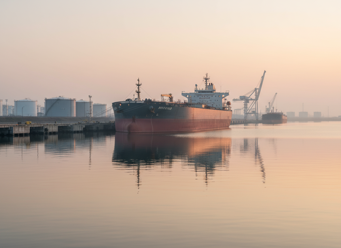 Oil tanker moored at an industrial port at dawn