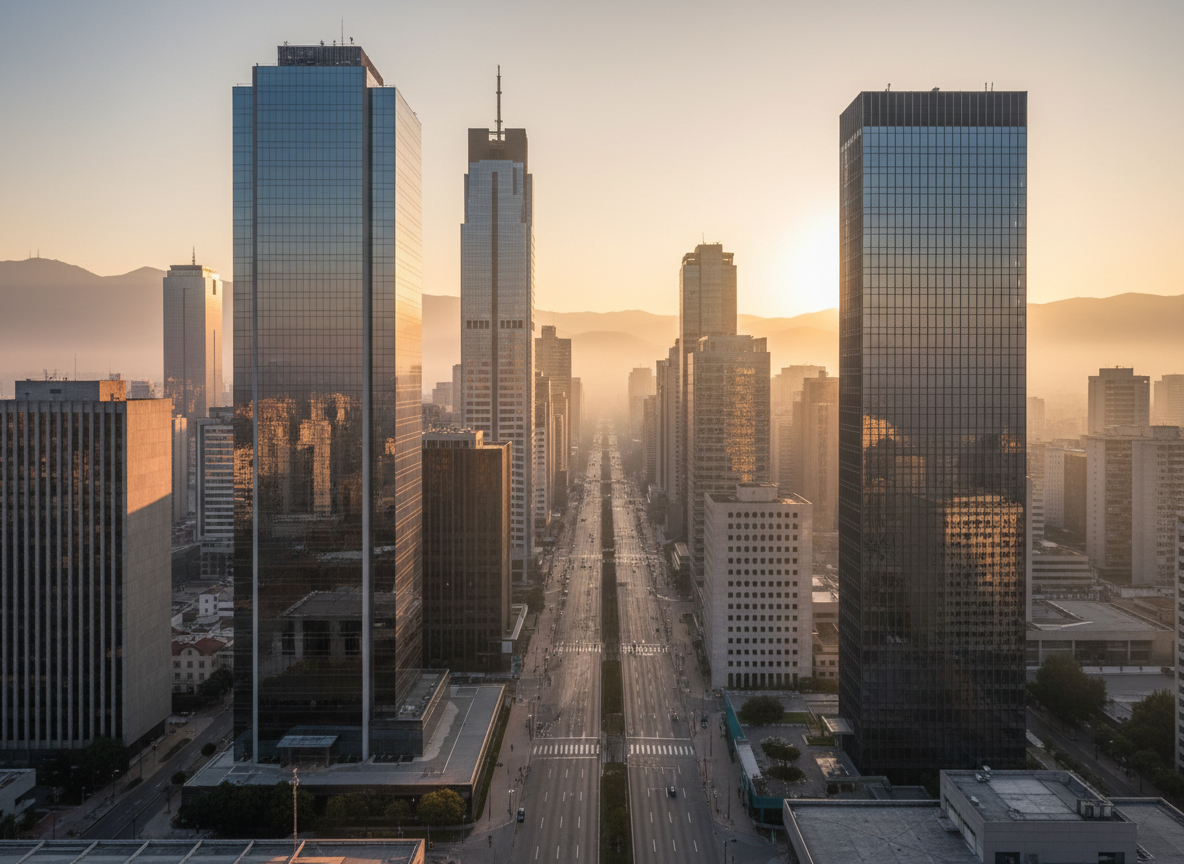 Office towers of a South American financial district at sunrise