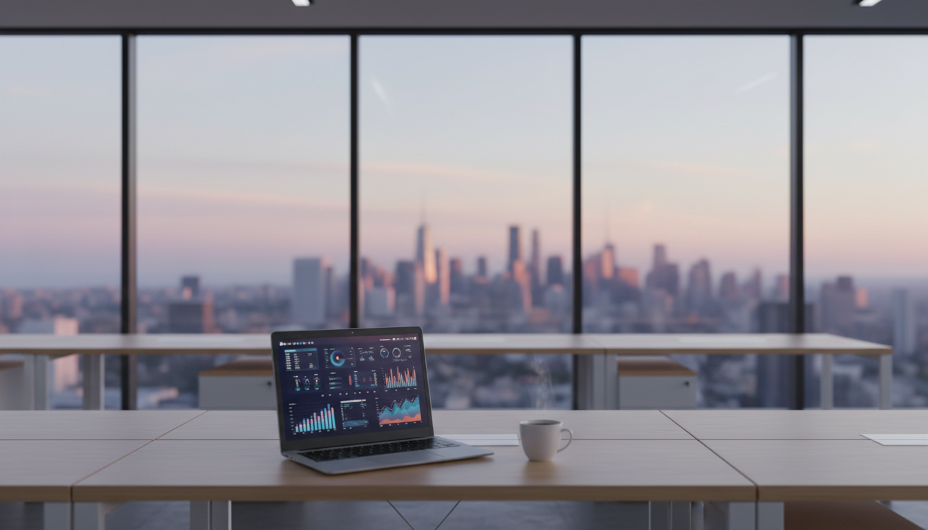 Empty modern office at sunrise with a laptop showing charts and a cup of coffee in front of a city skyline