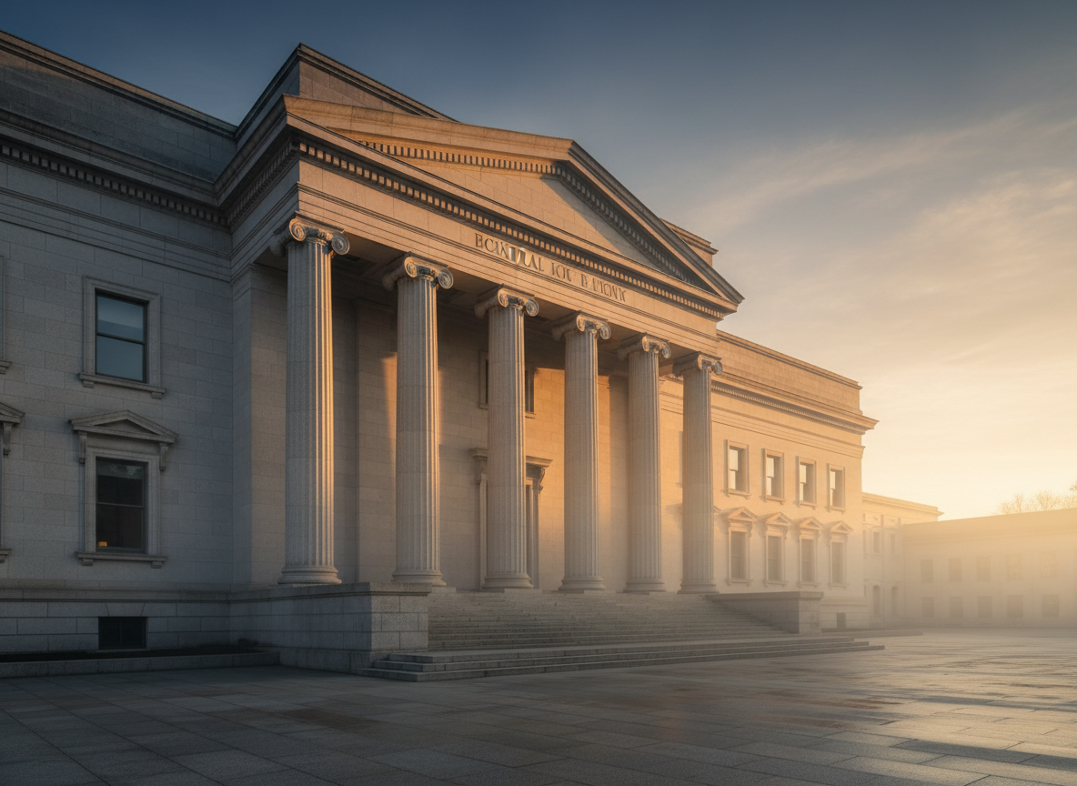Columns of a central bank building in soft sunrise light