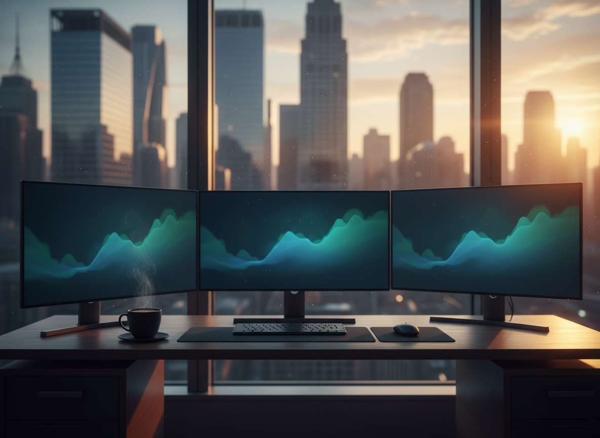 Empty trading desk with monitors and a coffee cup at sunrise overlooking a financial district