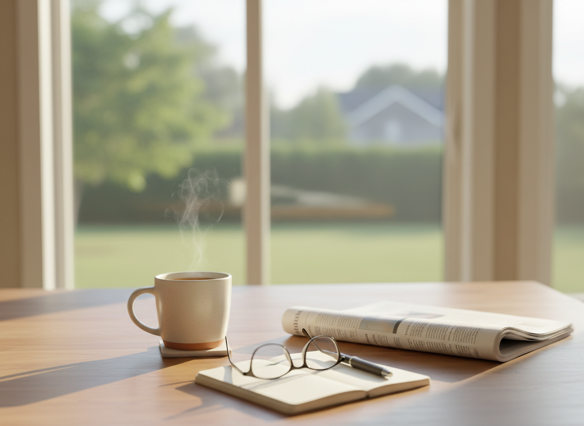 Coffee cup and folded newspaper on a table by a window in soft morning light
