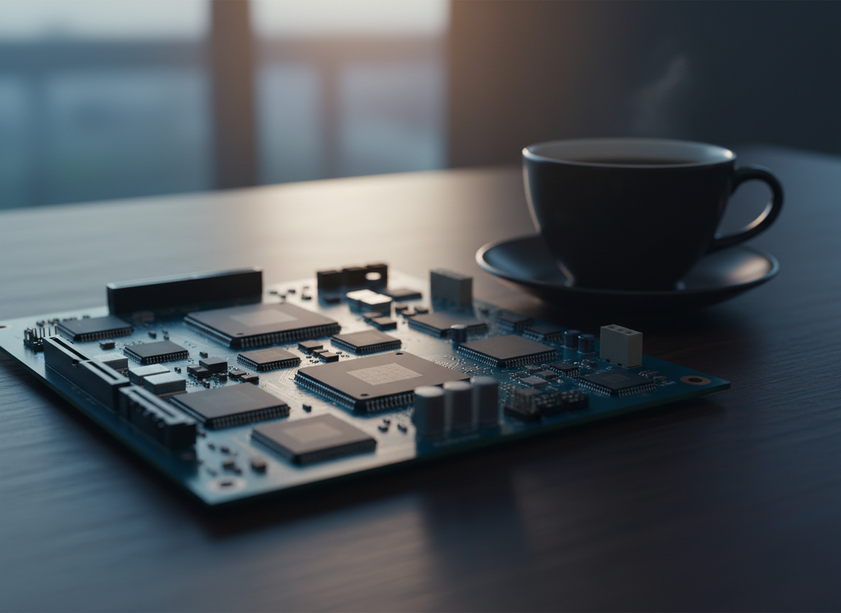 Computer chips on a desk next to a cup of coffee in early morning light