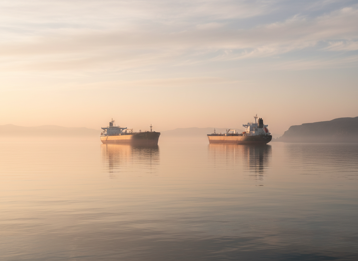 Oil tankers anchored on a calm sea at sunrise