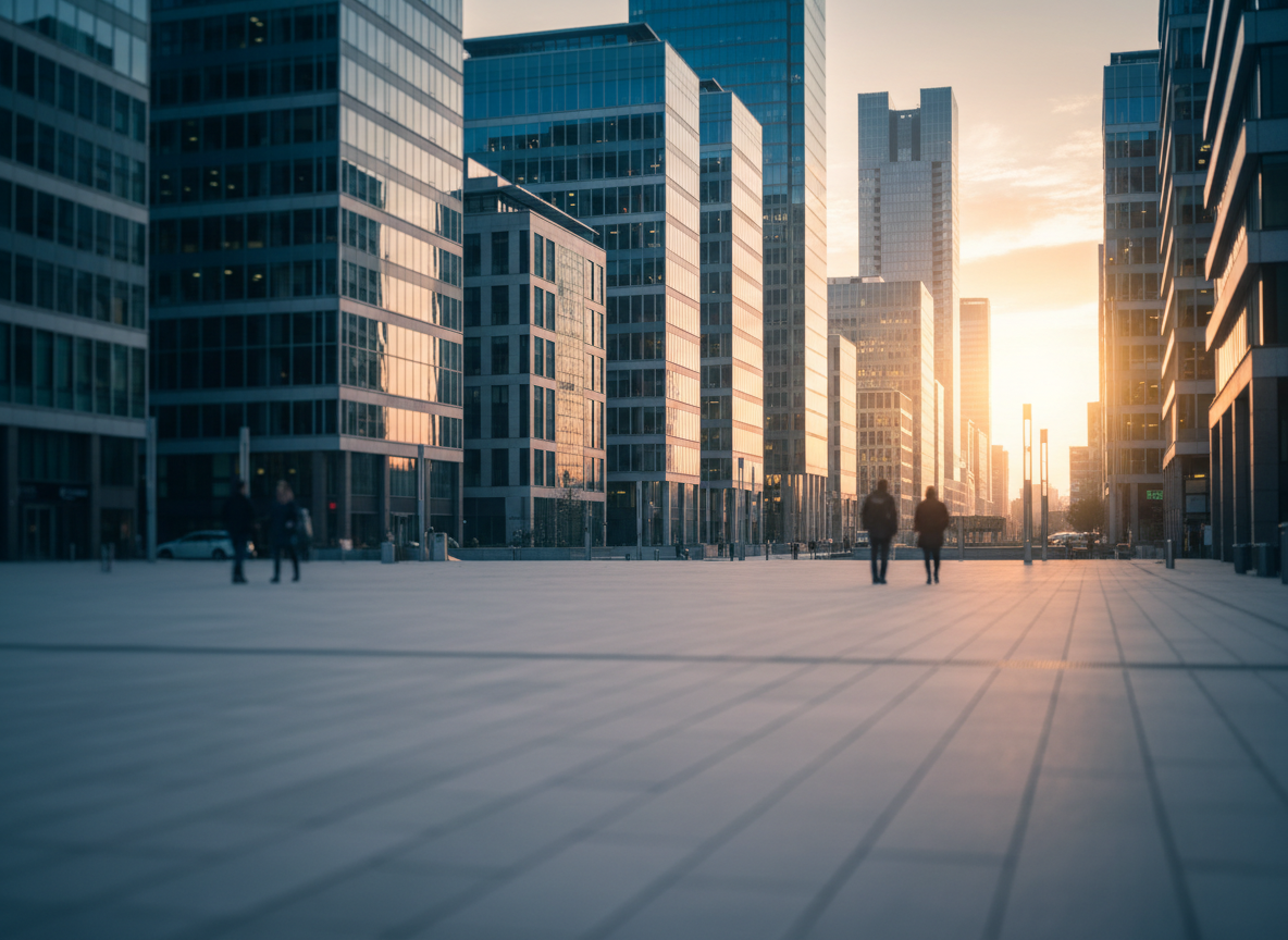 Glass office towers in a European business district at sunrise