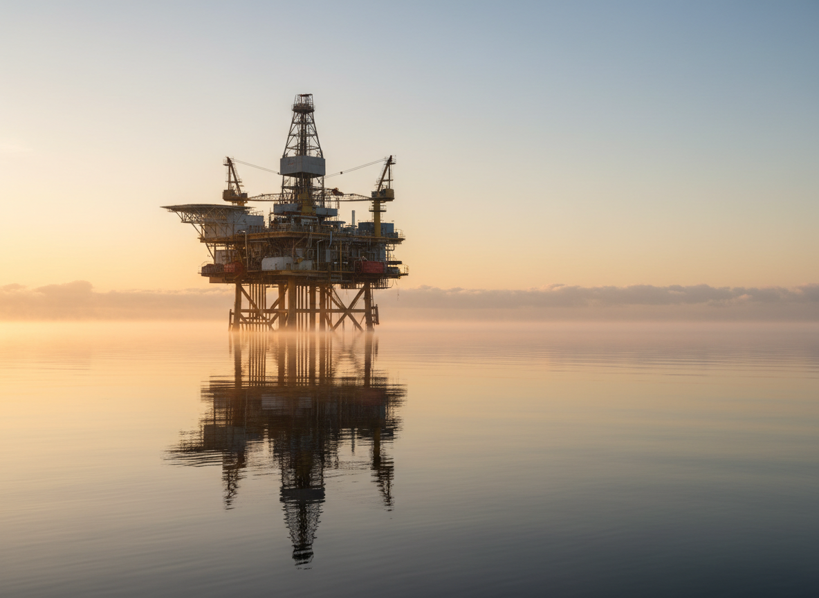 An offshore oil platform on a calm sea at sunrise
