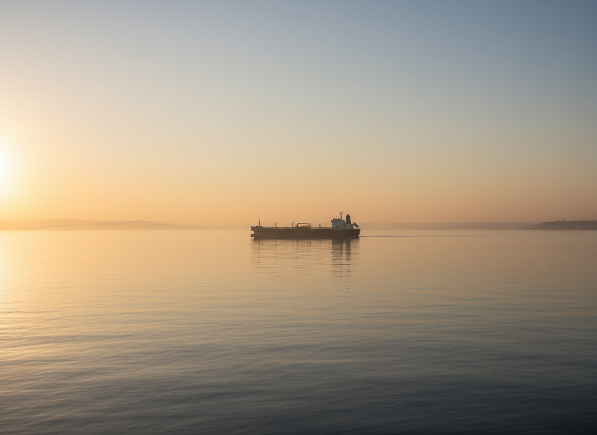 An oil tanker sailing on a calm sea at sunrise